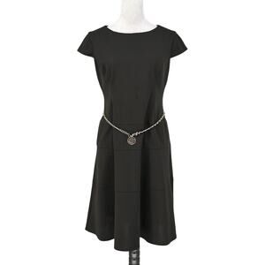 Anne Klein Dress Womens 8 Black Crepe Gold Chain Belt Logo Medallion Zip Career